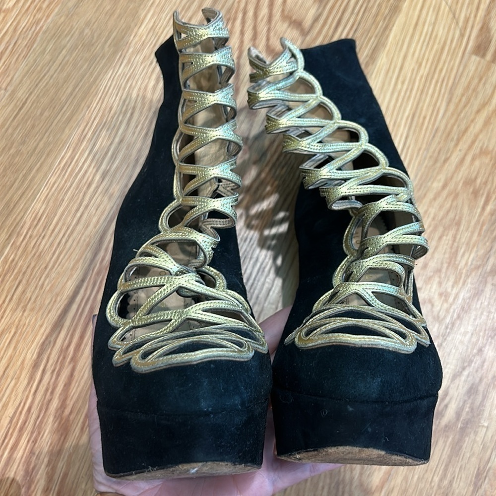 Charlotte Olympia Zena Black And Gold Suede Stiletto  Bootie Size 37 women’s - Picture 4 of 14